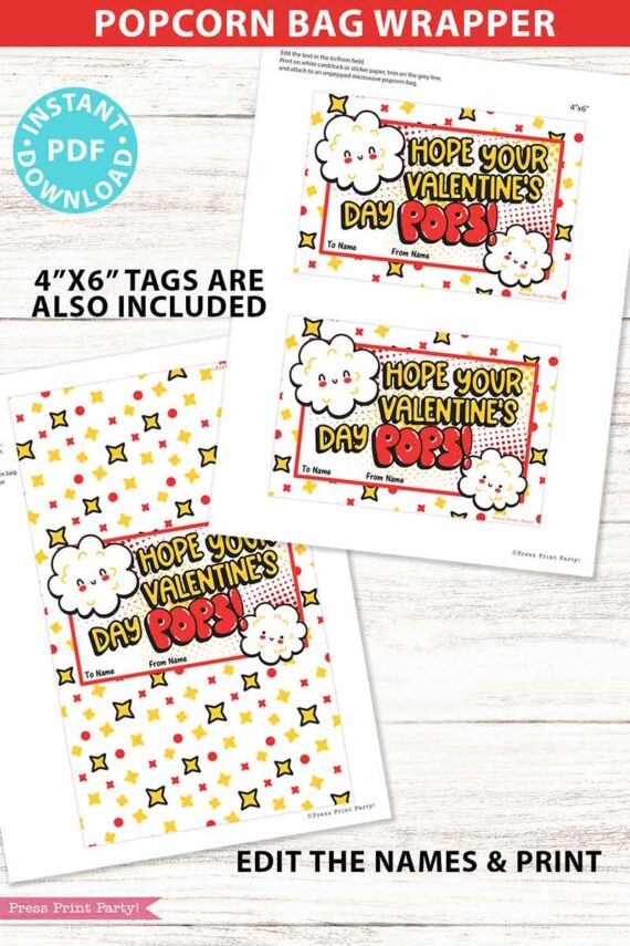 Popcorn Bags Wrap, Kids Valentines Cards Printable, EDITABLE names, Hope Your Valentine's Day Pops, School Classroom, INSTANT DOWNLOAD Press Print Party