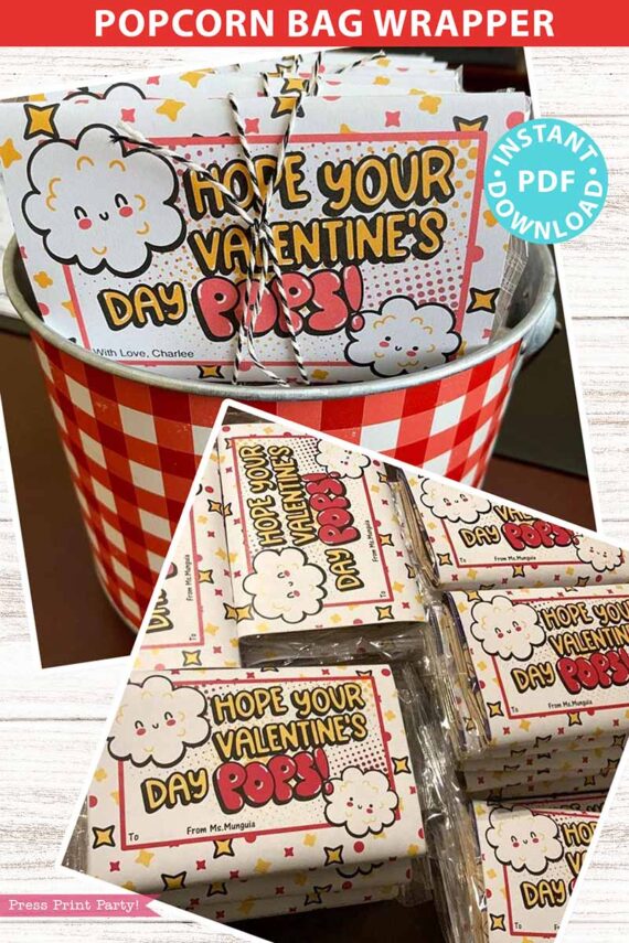 Popcorn Bags Wrap, Kids Valentines Cards Printable, EDITABLE names, Hope Your Valentine's Day Pops, School Classroom, INSTANT DOWNLOAD Press Print Party