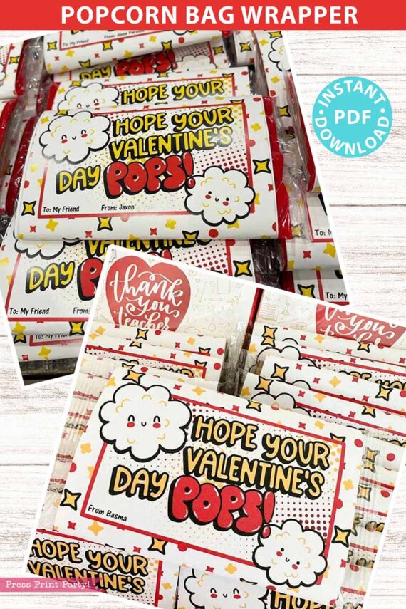 Popcorn Bags Wrap, Kids Valentines Cards Printable, EDITABLE names, Hope Your Valentine's Day Pops, School Classroom, INSTANT DOWNLOAD Press Print Party