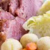 oven roasted corned beef and steamed cabbage on a plate with potatoes and carrots- baking oven cooked -. Press Print Party!