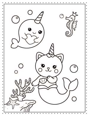 free printable coloring pages unicorn - cat and narwhall under the sea - Press Print Party!