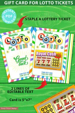 Lottery Ticket Holder, Thanks a Lotto For All You Do Card Printable, 2 lines of Editable text, Lotto Printable Card, Bingo, INSTANT DOWNLOAD Press Print Party