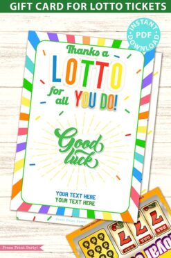 Lottery Ticket Holder, Thanks a Lotto For All You Do Card Printable, Editable text, Lotto Printable Card, Rainbow, INSTANT DOWNLOAD Press Print Party