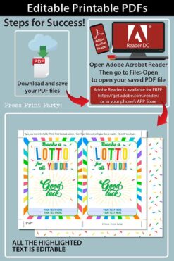 Lottery Ticket Holder, Thanks a Lotto For All You Do Card Printable, Editable text, Lotto Printable Card, Rainbow, INSTANT DOWNLOAD Press Print Party