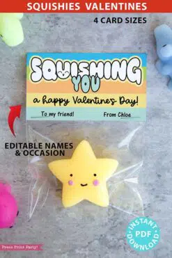 Squishy Valentine Cards and Bag Toppers Printable, Kids Valentines Cards, EDITABLE names, Squishing You, School Classroom, pastel, INSTANT DOWNLOAD Press Print Party blue