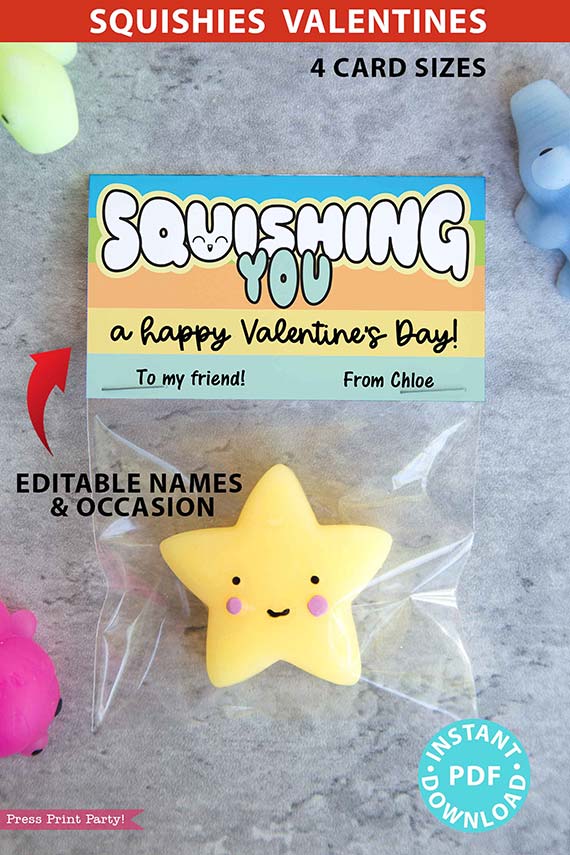 Squishy Valentine Cards and Bag Toppers Printable, Kids Valentines Cards, EDITABLE names, Squishing You, School Classroom, pastel, INSTANT DOWNLOAD Press Print Party blue