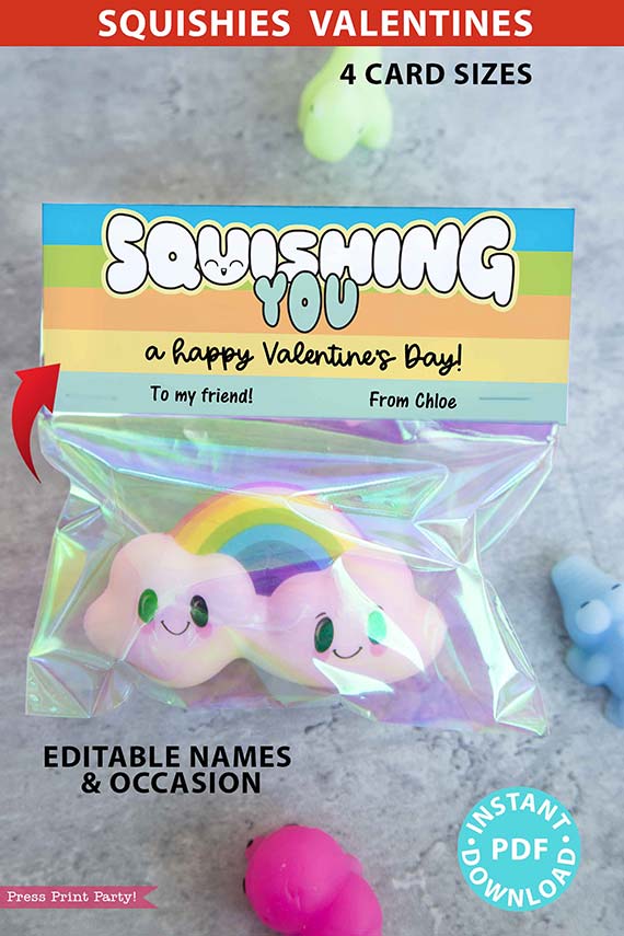 Squishy Valentine Cards and Bag Toppers Printable, Kids Valentines Cards, EDITABLE names, Squishing You, School Classroom, pastel, INSTANT DOWNLOAD Press Print Party blue