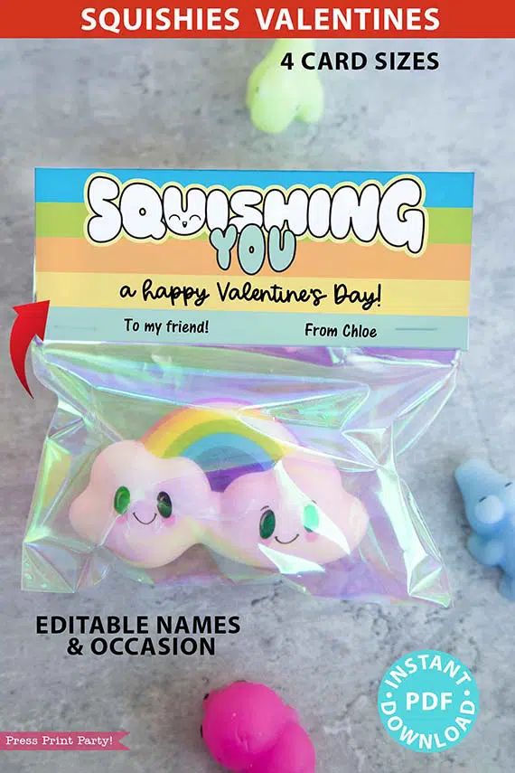 Squishy Valentine Cards and Bag Toppers Printable, Kids Valentines Cards, EDITABLE names, Squishing You, School Classroom, pastel, INSTANT DOWNLOAD Press Print Party blue