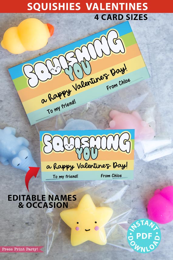 Squishy Valentine Cards and Bag Toppers Printable, Kids Valentines Cards, EDITABLE names, Squishing You, School Classroom, pastel, INSTANT DOWNLOAD
