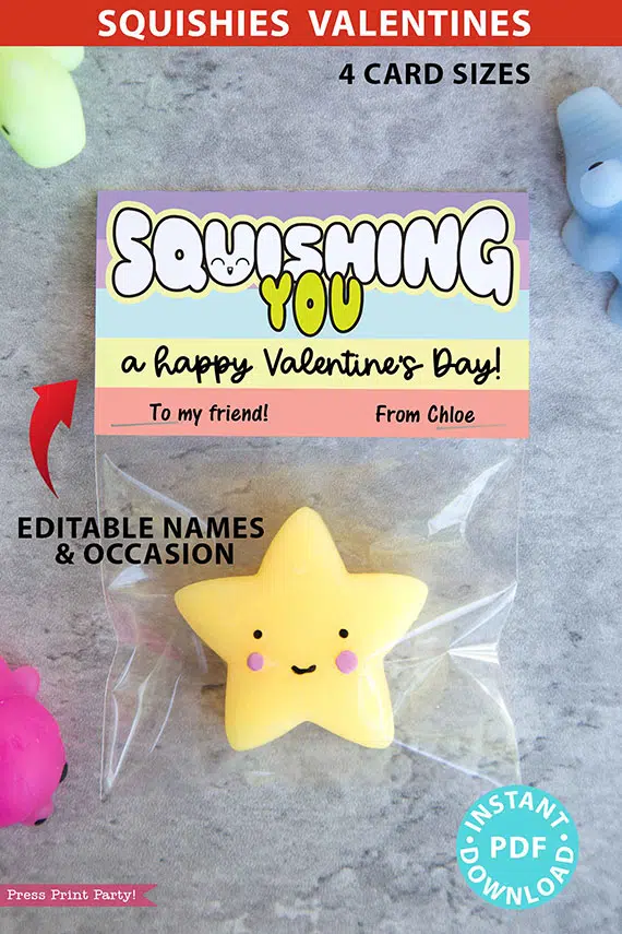 Squishy Valentine Cards and Bag Toppers Printable, Kids Valentines Cards, EDITABLE names, Squishing You, School Classroom, pastel, INSTANT DOWNLOAD Press Print Party