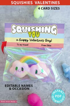 Squishy Valentine Cards and Bag Toppers Printable, Kids Valentines Cards, EDITABLE names, Squishing You, School Classroom, pastel, INSTANT DOWNLOAD Press Print Party