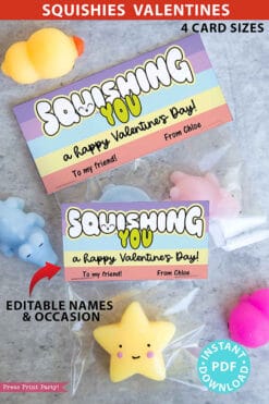 Squishy Valentine Cards and Bag Toppers Printable, Kids Valentines Cards, EDITABLE names, Squishing You, School Classroom, pastel, INSTANT DOWNLOAD Press Print Party