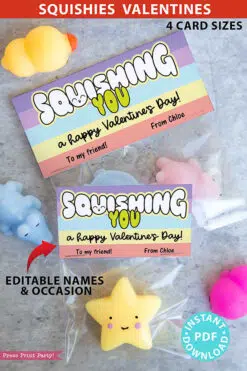 Squishy Valentine Cards and Bag Toppers Printable, Kids Valentines Cards, EDITABLE names, Squishing You, School Classroom, pastel, INSTANT DOWNLOAD Press Print Party