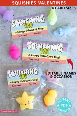 Squishy Valentine Cards and Bag Toppers Printable, Kids Valentines Cards, EDITABLE names, Squishing You, School Classroom, pastel, INSTANT DOWNLOAD Press Print Party