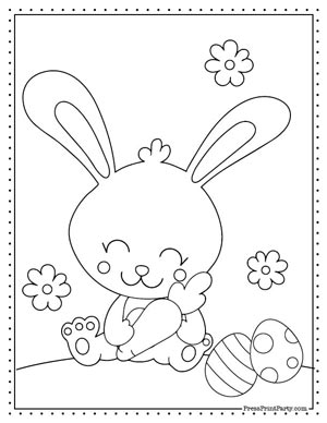 bunny holding a carrot - free Easter bunnies coloring book printable pages for kids- bunny rabbit coloring sheets- Press Print Party