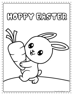 hoppy easter - bunny with large carrot - free Easter bunnies coloring book printable pages for kids- bunny rabbit coloring sheets- Press Print Party