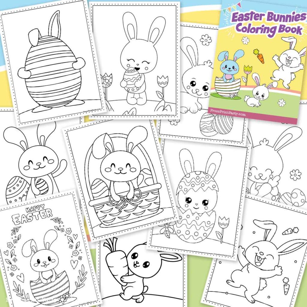 free Easter bunnies coloring book printable pages for kids- bunny rabbit coloring sheets- Press Print Party