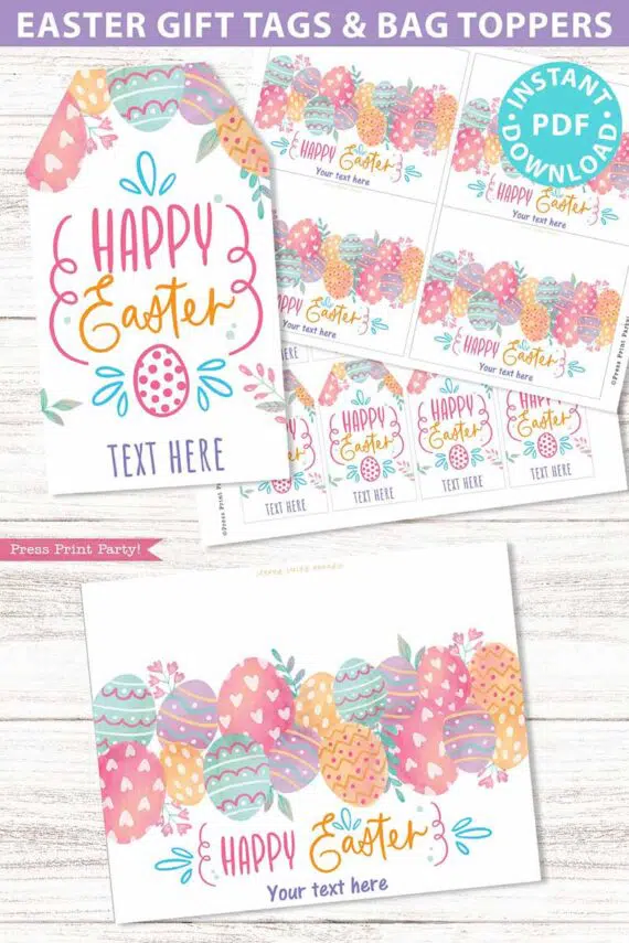 EDITABLE Easter Gift Tag and Easter Bag Topper Printable, Easter Basket Tag, Happy Easter Gifts Favor Bag, INSTANT DOWNLOAD press print party