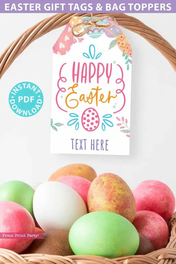 EDITABLE Easter Gift Tag and Easter Bag Topper Printable, Easter Basket Tag, Happy Easter Gifts Favor Bag, INSTANT DOWNLOAD press print party