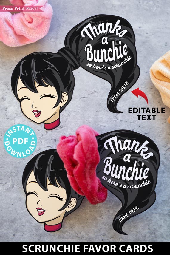 Scrunchie Holder Tag Printable, Asian Girl, Black Hair, Thanks a Bunchie, Party Favor Tags, Thank You Gift, Editable Names, INSTANT DOWNLOAD Press Print party