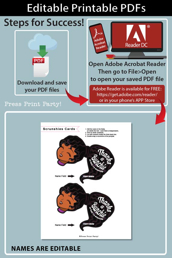 Scrunchie Holder Tag Printable, African American Girl, Black Hair, Thanks a Bunchie, Party Favor, Thank You Gift, Editable, INSTANT DOWNLOAD Press Print Party