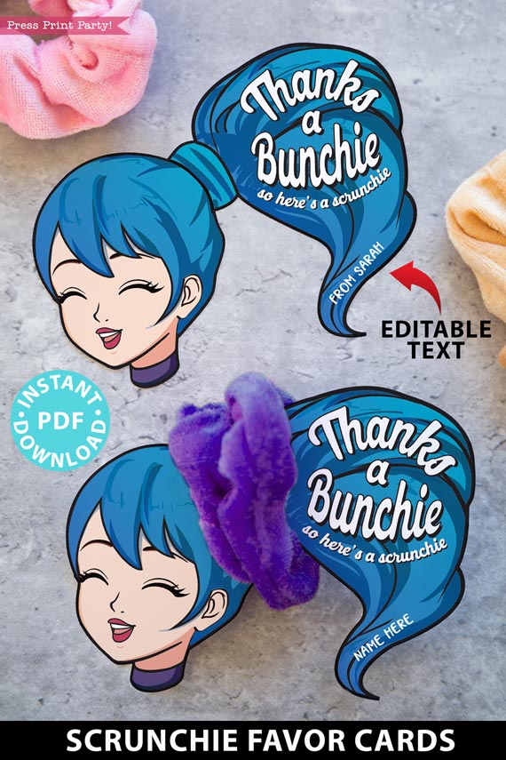 Scrunchie Holder Tag Printable, Blue Hair Girl, Thanks a Bunchie Here's a Scrunchie, Party Favor, Thank You Gift, Editable, INSTANT DOWNLOAD Press Print Party