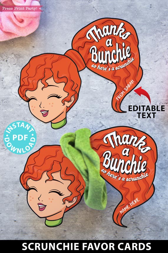 Scrunchie Holder Tag Printable, Redhead Girl, Thanks a Bunchie Here's a Scrunchie, Party Favor, Thank You Gift, Editable, INSTANT DOWNLOAD Press Print Party