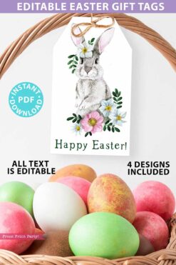 EDITABLE Easter Gift Tags Printable, Easter Basket Tag, Happy Easter Gift, Watercolor Easter Bunnies w. Flowers, 4 designs, INSTANT DOWNLOAD Press print party