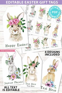 EDITABLE Easter Gift Tags Printable, Easter Basket Tag, Happy Easter Gift, Watercolor Easter Bunnies w. Flowers, 4 designs, INSTANT DOWNLOAD Press print party