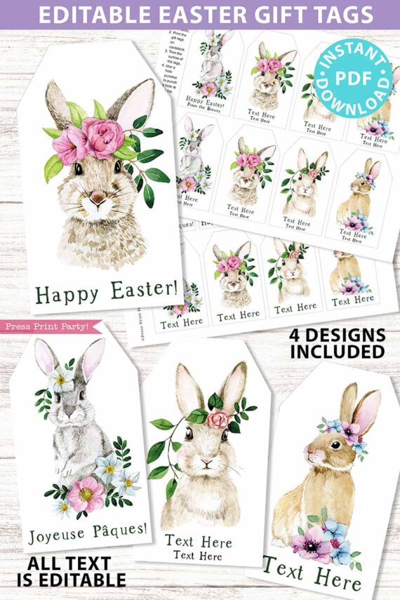 EDITABLE Easter Gift Tags Printable, Easter Basket Tag, Happy Easter Gift, Watercolor Easter Bunnies w. Flowers, 4 designs, INSTANT DOWNLOAD Press print party