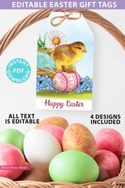 EDITABLE Easter Gift Tags Printable, Easter Basket Tag, Happy Easter Gift, Watercolor Easter Chicks w. Flowers, 4 designs, INSTANT DOWNLOAD Press Print Party