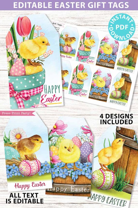 EDITABLE Easter Gift Tags Printable, Easter Basket Tag, Happy Easter Gift, Watercolor Easter Chicks w. Flowers, 4 designs, INSTANT DOWNLOAD Press Print Party