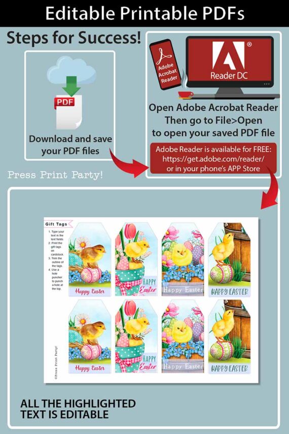 EDITABLE Easter Gift Tags Printable, Easter Basket Tag, Happy Easter Gift, Watercolor Easter Chicks w. Flowers, 4 designs, INSTANT DOWNLOAD Press Print Party