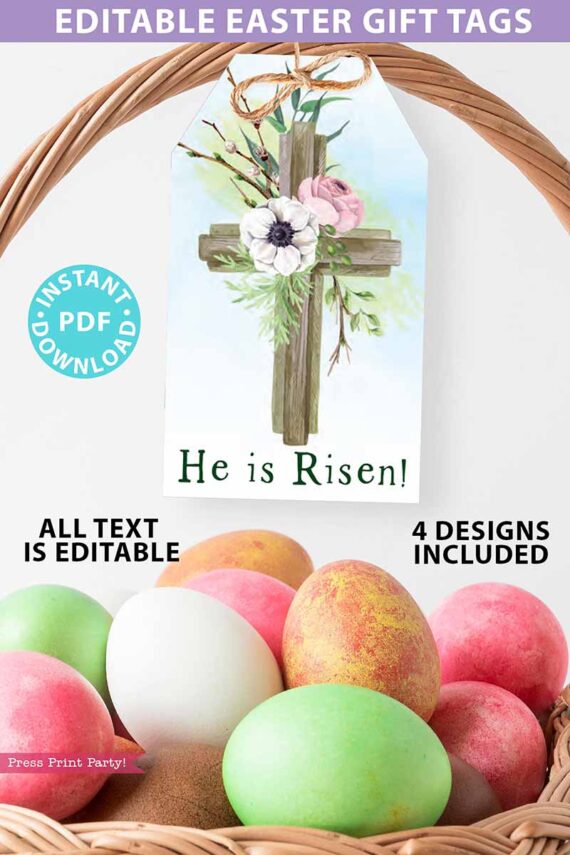 EDITABLE Easter Gift Tags Printable, Easter Basket Tag, Religious Happy Easter, Watercolor Crosses w. Flowers, 4 designs, INSTANT DOWNLOAD Press Print Party He is risen