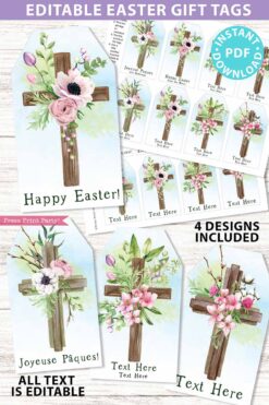 EDITABLE Easter Gift Tags Printable, Easter Basket Tag, Religious Happy Easter, Watercolor Crosses w. Flowers, 4 designs, INSTANT DOWNLOAD Press Print Party