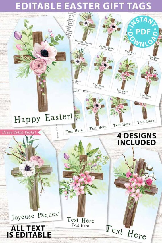 EDITABLE Easter Gift Tags Printable, Easter Basket Tag, Religious Happy Easter, Watercolor Crosses w. Flowers, 4 designs, INSTANT DOWNLOAD Press Print Party