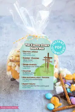 The Easter Story Snack Mix Printable Tag and Bag Topper, Easter Basket Filler for Kids, Easter Treats, Easter Gift, INSTANT DOWNLOAD Comic Press Print Party