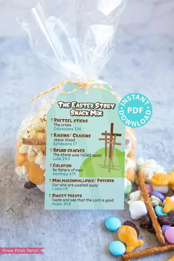 The Easter Story Snack Mix Printable Tag and Bag Topper, Easter Basket Filler for Kids, Easter Treats, Easter Gift, INSTANT DOWNLOAD Comic Press Print Party