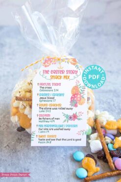 The Easter Story Snack Mix Printable Tag and Bag Topper, Easter Basket Filler for Kids, Easter Treats, Easter Gift, INSTANT DOWNLOAD whimsy Press Print Party