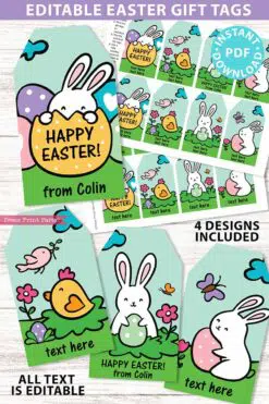 EDITABLE Easter Gift Tags Printable for Kids, Easter Basket Tag, Happy Easter Gift, Easter Bunnies and Eggs, 4 designs, INSTANT DOWNLOAD Press Print Party
