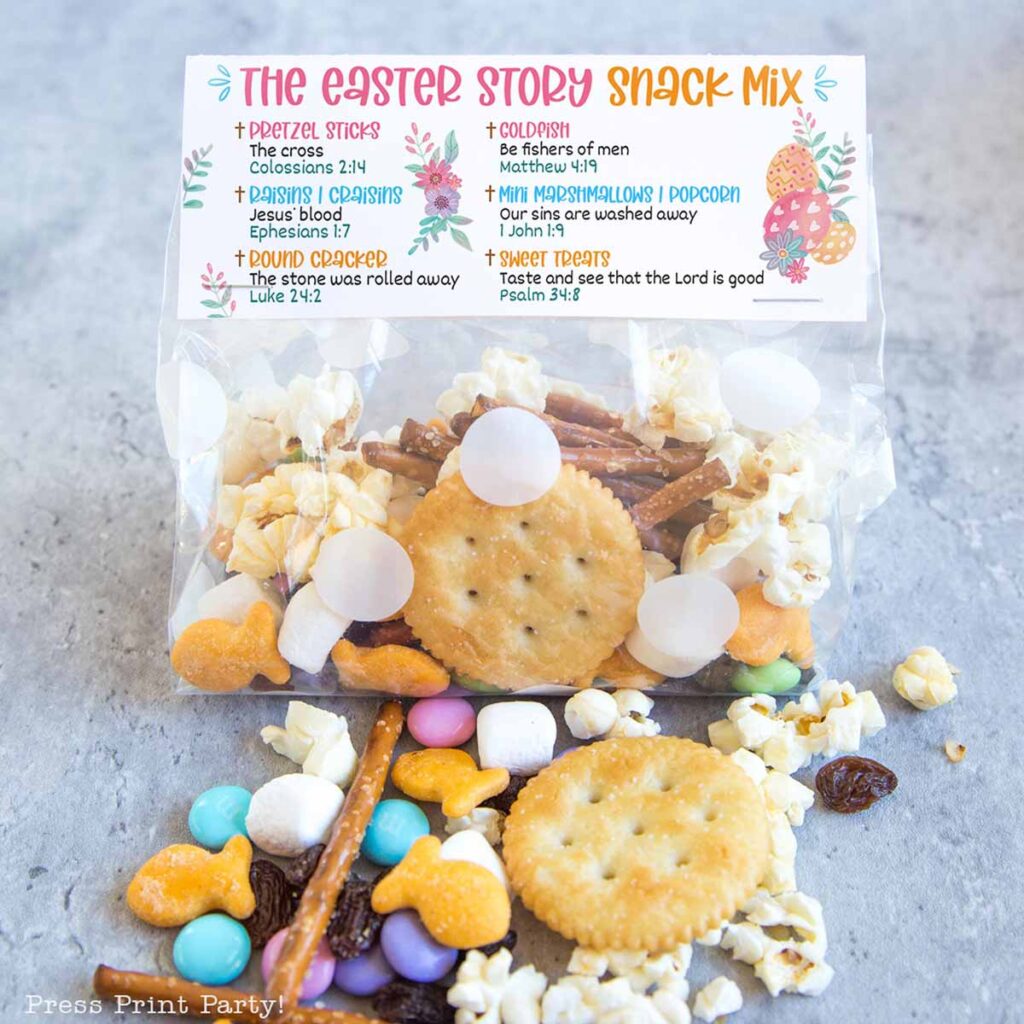 Make The Easter Story Snack Mix with Free Printable bag topper & New Recipe with ingredients and bible verses- Press Print Party