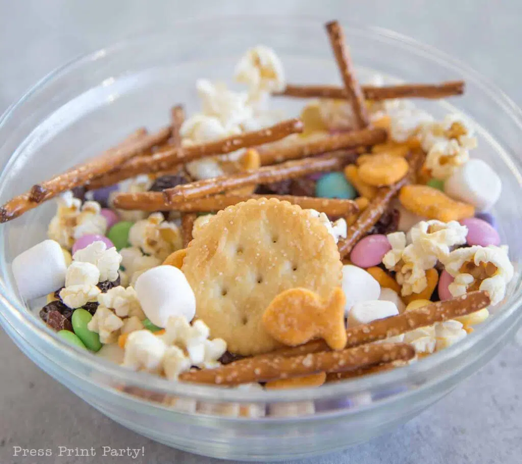 Make The Easter Story Snack Mix with Free Printable bag topper in a bowl Press Print Party