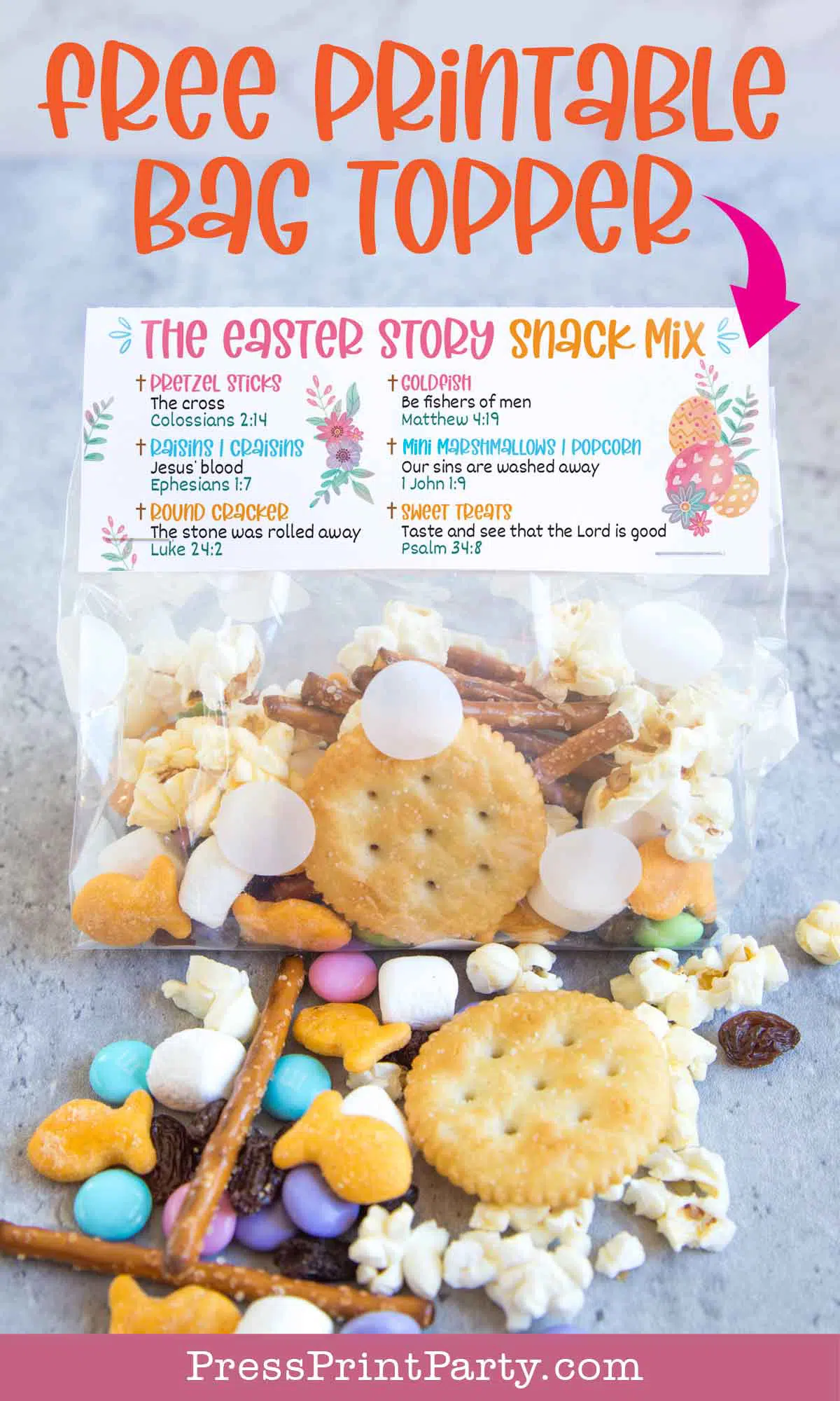 Make The Easter Story Snack Mix with Free Printable bag topper & New Recipe with ingredients and bible verses- Press Print Party