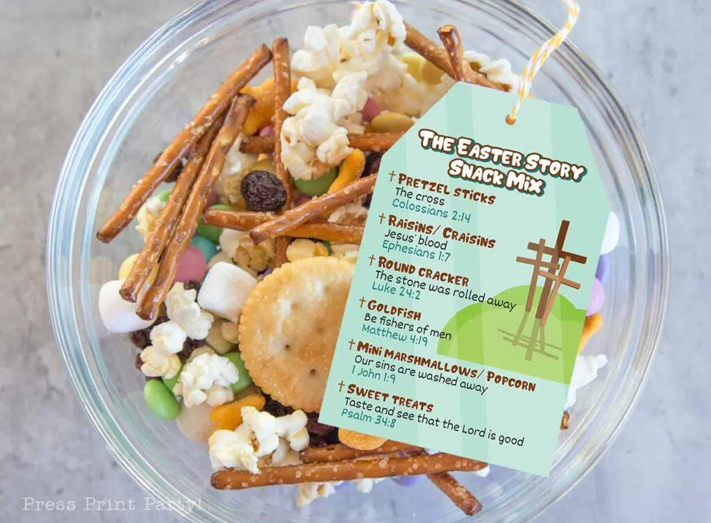 Make The Easter Story Snack Mix with Printable gift tag & New Recipe with ingredients and bible verses- Press Print Party