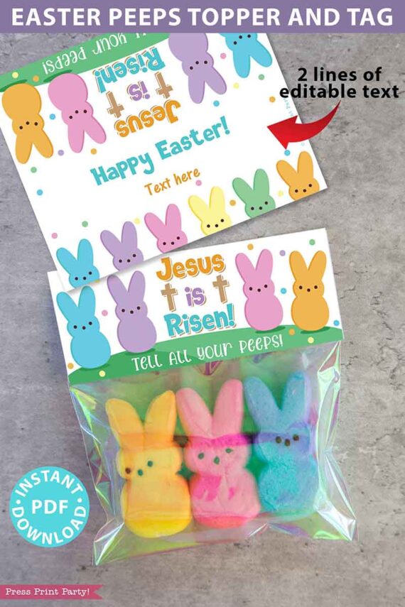 Easter Peeps Printable Tag and Bag Topper, Jesus is Risen Tell all Your Peeps, Religious Easter Basket Filler for Kids, INSTANT DOWNLOAD Press Print Party