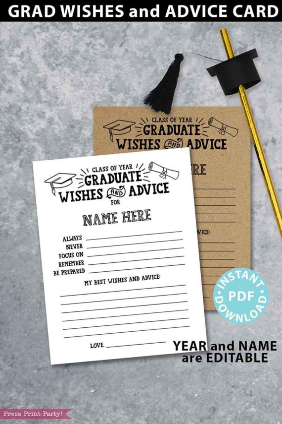 Graduation Wishes and Advice Card, Graduation Keepsake, Grad Gift, Graduation Party Decorations, Grad Party Games, INSTANT DOWNLOAD Press Print Party