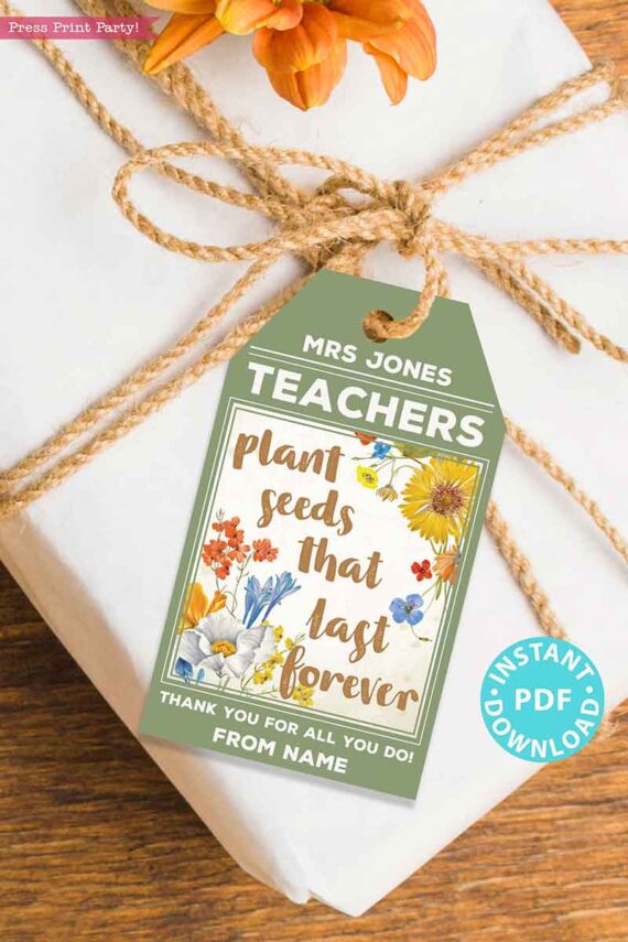 EDITABLE Teacher Appreciation Gift Tags Printable, Teacher Thank You Gift Tags, Pun, Teacher Plant Seeds That Last Forever, INSTANT DOWNLOAD Press Print Party