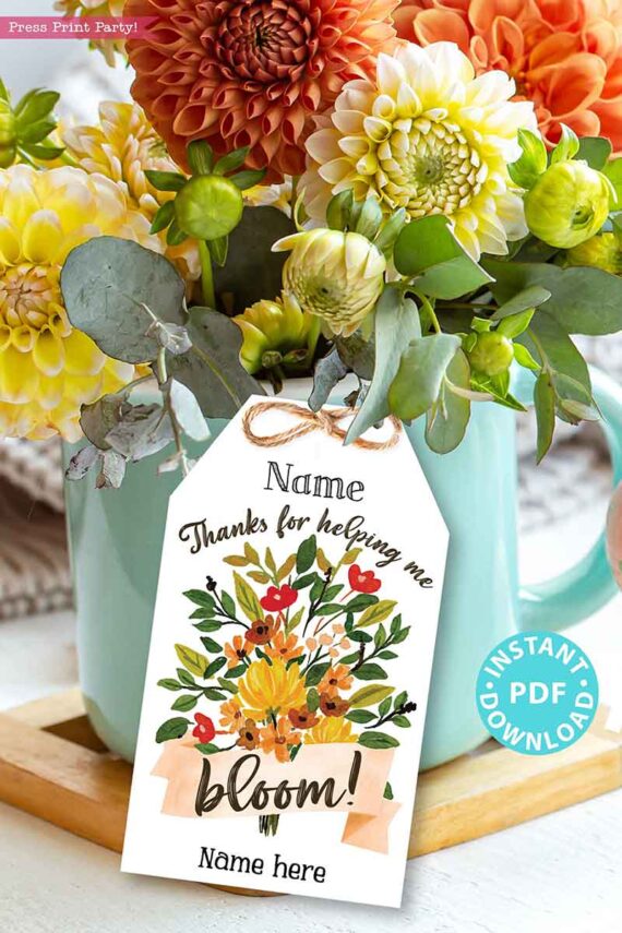 EDITABLE Teacher Appreciation Gift Tags Printable, Teacher Thank You Gift Tags, Flowers, Thanks for Helping me Bloom, INSTANT DOWNLOAD digital pdf Press Print Party