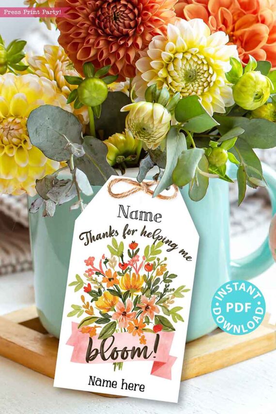 EDITABLE Teacher Appreciation Gift Tags Printable, Teacher Thank You Gift Tags, Flowers, Thanks for Helping me Bloom, INSTANT DOWNLOAD digital pdf Press Print Party