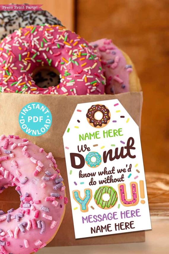 EDITABLE Thank You Gift Tags Donuts, School Teacher Nurse Bus Driver Staff Employee Appreciation Week, I Donut Know what I'd do without you INSTANT DOWNLOAD digital pdf